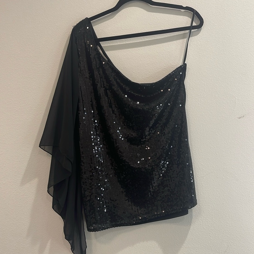 WD.NY One Shoulder Black Sequin Blouse Size L